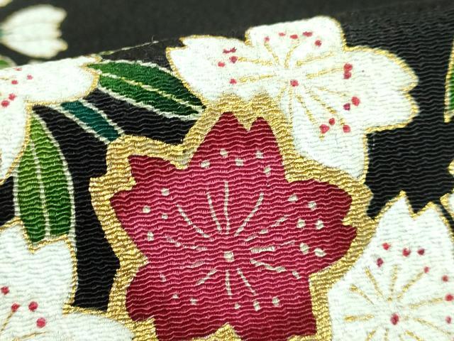 平和屋本店●超希少 東京友禅 久呂田明功 青山みとも 九寸名古屋帯 枝垂れ桜 黒地 金彩 鬼しぼ縮緬 反端・たとう紙付き 逸品 DZAB3613kh6