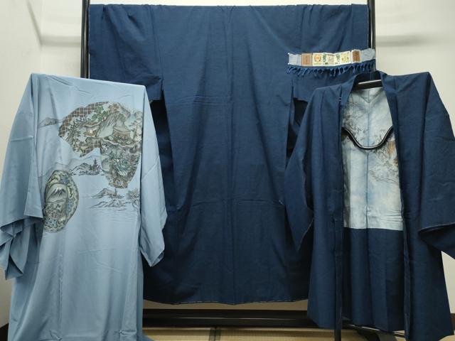 平和屋着物●男性 古代結城紬 アンサンブル・長襦袢セット 霞文 濃藍色 証紙付き 正絹 逸品 未使用 CABB0047gh
