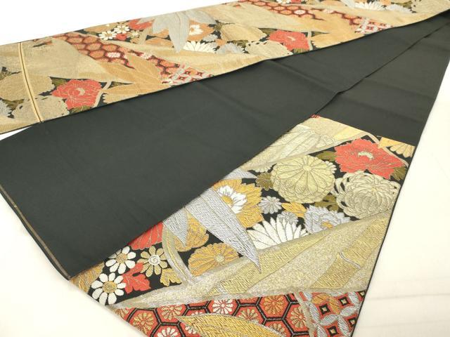 平和屋着物◎六通柄 本袋帯 吉祥笹の葉文 黒地 金銀糸 正絹 逸品 DABB2394cd