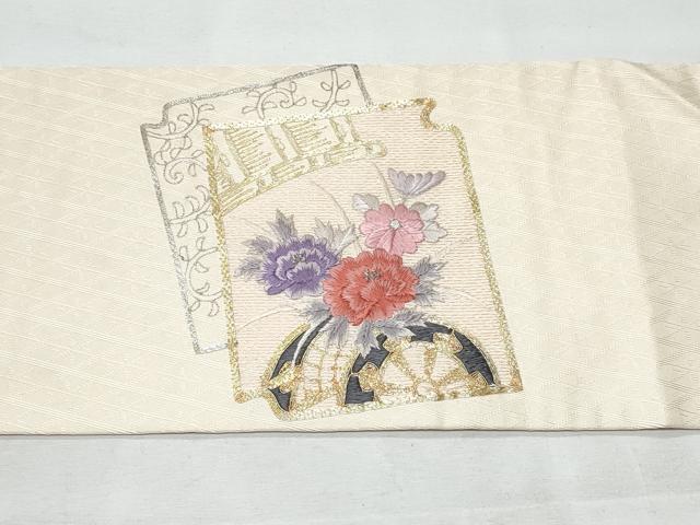 平和屋着物◎九寸名古屋帯 駒刺繍 破れ色紙花車文 銀糸 正絹 逸品 CABB7961fb
