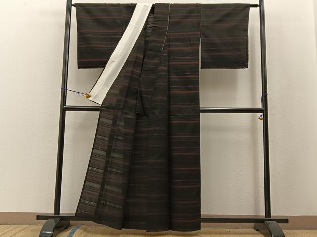 平和屋着物*夏物 紗紬 横段花文 黒地 正絹 逸品 未使用 BAAW5076hj