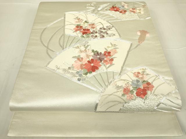 平和屋着物▼太鼓柄袋帯 駒刺繍 総刺繍 扇面花文 銀糸 引箔 正絹 逸品 DABA4263az