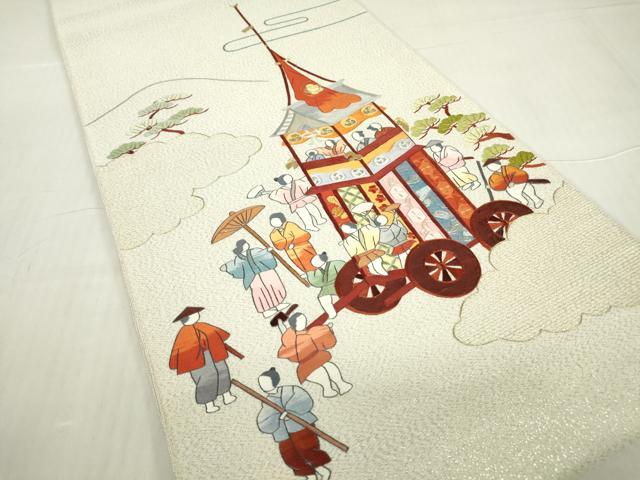 平和屋着物▼綴れ 太鼓柄袋帯 総刺繍 山車 金銀糸 正絹 逸品 DABA4433az