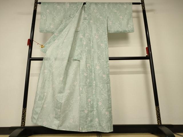 平和屋着物*夏物 小紋 絽 色紙草花文 洗える着物 AABE9034jd