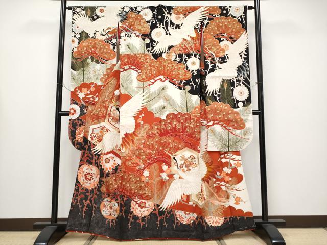 平和屋本店●極上 アンティーク 大正ロマン 中国三大刺繍 相良刺繍 振袖 駒刺繍 飛鶴枝松文 金彩 逸品 CYAA4435s6