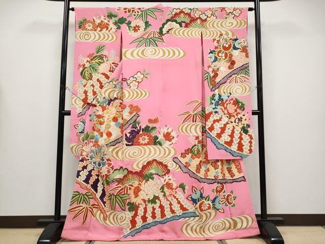 平和屋本店●極上 アンティーク 大正ロマン 振袖 駒刺繍 花笠 金彩 桃色地 逸品 CYAA4433s6