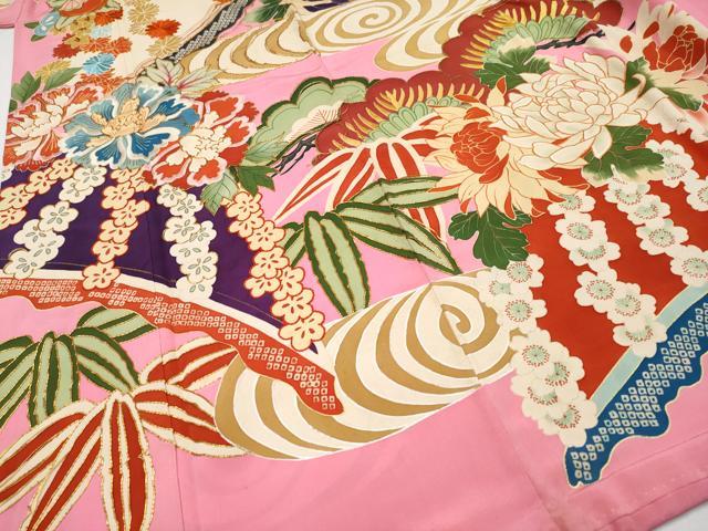 平和屋本店●極上 アンティーク 大正ロマン 振袖 駒刺繍 花笠 金彩 桃色地 逸品 CYAA4433s6