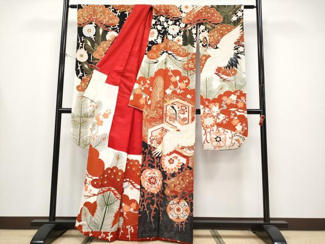 平和屋本店●極上 アンティーク 大正ロマン 中国三大刺繍 相良刺繍 振袖 駒刺繍 飛鶴枝松文 金彩 逸品 CYAA4435s6