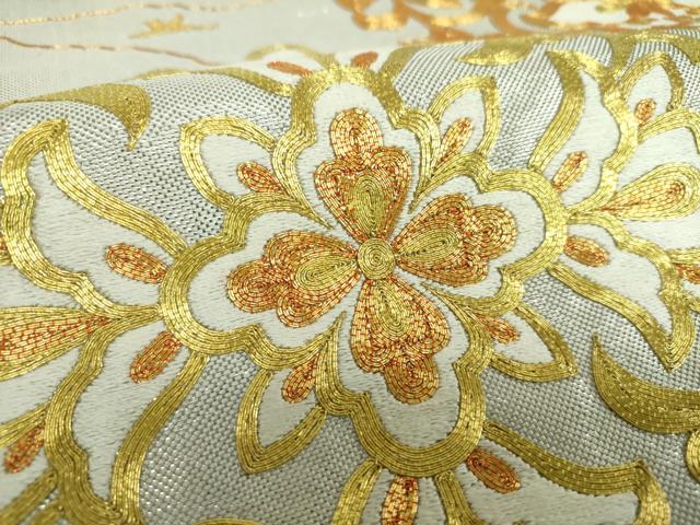 平和屋着物●西陣 川島織物 太鼓柄袋帯 駒刺繍 総刺繍 更紗花鳥文 金銀糸 正絹 逸品 DABA1979ps
