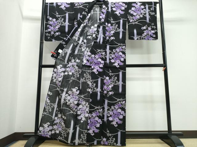 平和屋着物∴夏物 浴衣 草花文 黒地 綿 逸品 CABB6556ng