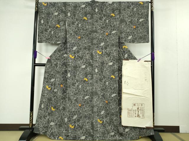 平和屋本店●極上　銀座　志ま亀　小紋　舞蝶花文　藍墨茶色地　鬼しぼ縮緬　たとう紙付き　逸品　DZAB2544kh6 heiwaya-2025_dzaa8778
