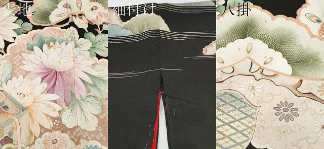 平和屋本店●極上 アンティーク 大正ロマン 振袖 駒刺繍 貝桶草花文 黒地 金彩 逸品 CYAA4514s6
