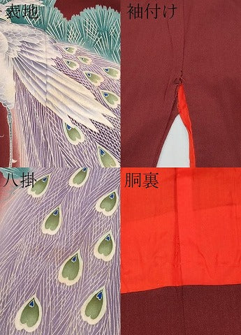 平和屋本店●極上 アンティーク 大正ロマン 振袖 刺繍 孔雀 松竹梅 暈し染め 金糸 鬼しぼ縮緬 葡萄茶色地 逸品 CYAA4521s6