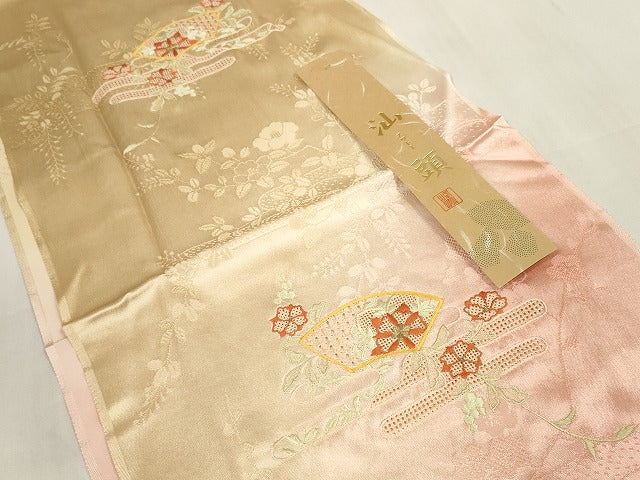 平和屋着物●和装小物 帯締め・帯揚げセット 中国三大刺繍 スワトウ刺繍 汕頭刺繍 霞地紙花文 手組紐 金糸 逸品 未使用 DABA7677zzz