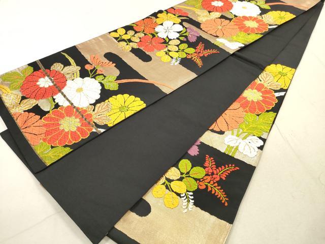 平和屋着物◎六通柄袋帯 唐織 エ霞花文 黒地 金銀糸 正絹 逸品 DABA8387xg