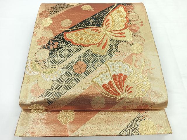 平和屋着物◎六通柄袋帯 吉祥舞蝶花文 黒地 金糸 正絹 逸品 CABC1711nb