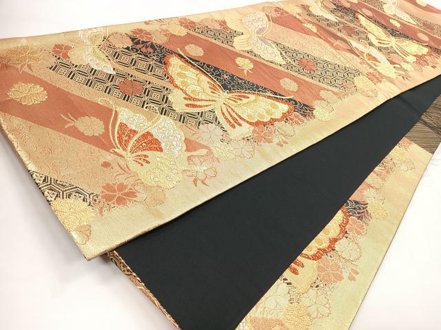 平和屋着物◎六通柄袋帯 吉祥舞蝶花文 黒地 金糸 正絹 逸品 CABC1711nb