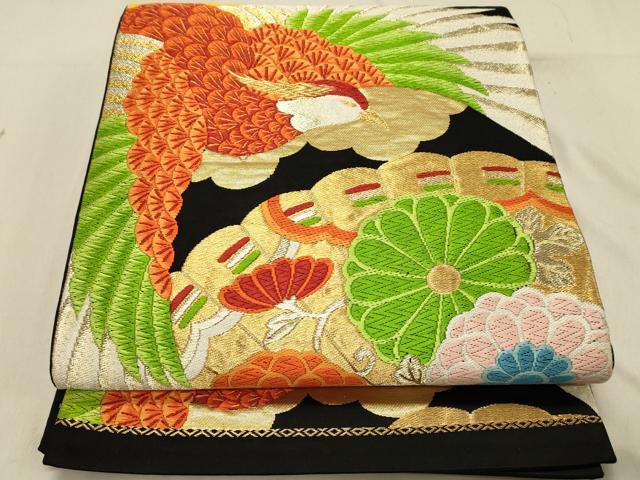 平和屋着物◎六通柄袋帯 唐織 鳳凰花文 黒地 金糸 正絹 逸品 DABA2498ya