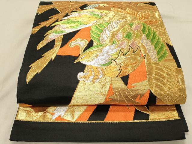 平和屋着物◎六通柄袋帯 唐織 鳳凰文 黒地 金銀糸 正絹 逸品 DABA2496ya