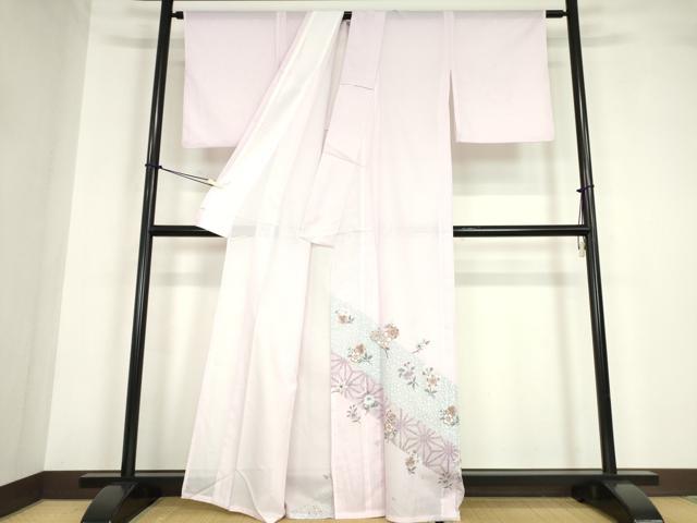 平和屋着物*夏物 色留訪問着 絽 麻の葉花文 洗える着物 DABA4481az