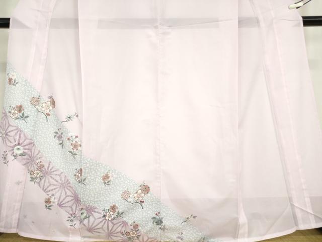 平和屋着物*夏物 色留訪問着 絽 麻の葉花文 洗える着物 DABA4481az