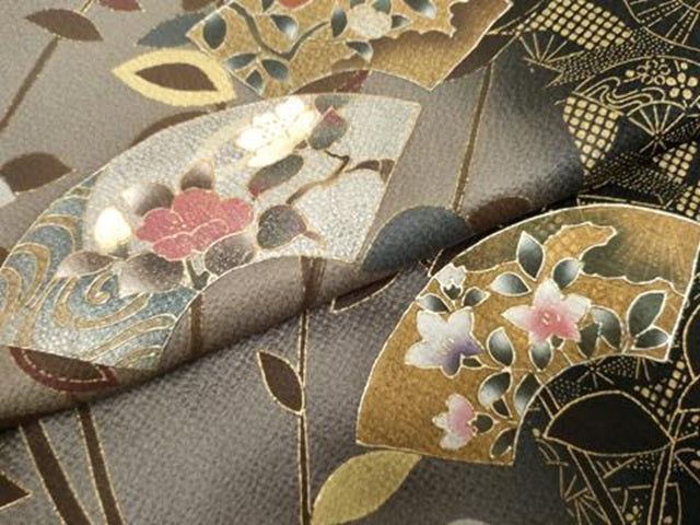 平和屋着物●訪問着 扇面枝花文 暈し染め 黒地 金銀彩 正絹 逸品 AABF3035cs