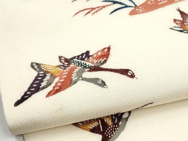 平和屋着物●九寸名古屋帯 型染め 遠山飛鳥文 鬼しぼ縮緬 正絹 逸品 CABB9563hy