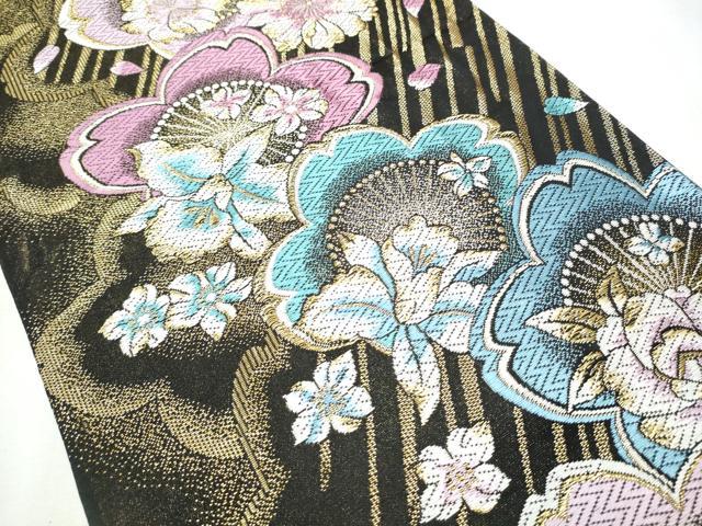 平和屋着物●六通柄袋帯 唐織 舞桜文 黒地 金糸 やまと誂製 正絹 逸品 CABC5429hy