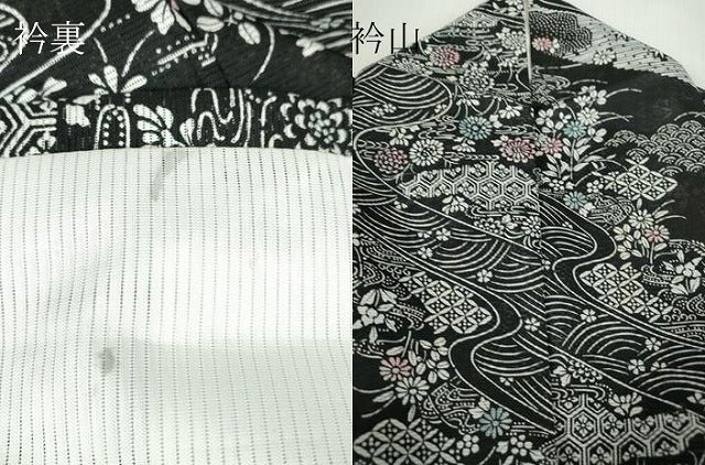 平和屋着物*夏物 小紋 絽 流水七宝吉祥花文 黒地 洗える着物 DABA4515az