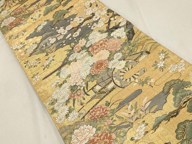 平和屋着物▼六通柄袋帯 松竹梅 花車文 金糸 正絹 逸品 AABE9864wj