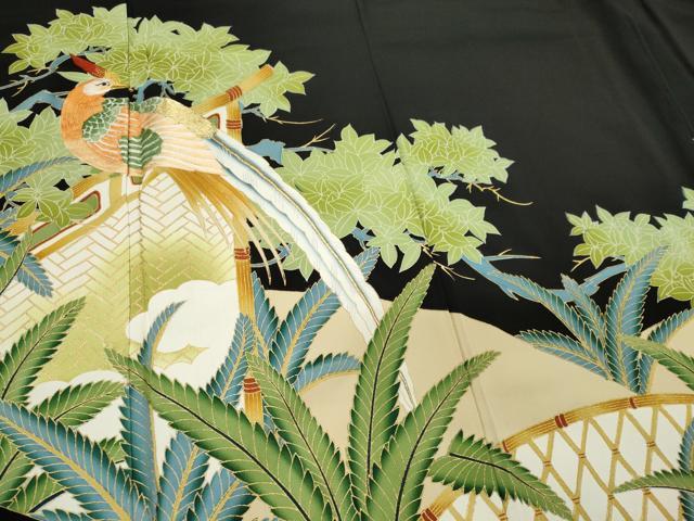 平和屋着物■豪華黒留袖 刺繍 尾長鳥枝葉文 暈し染め 金彩 正絹 逸品 CABB1959ou