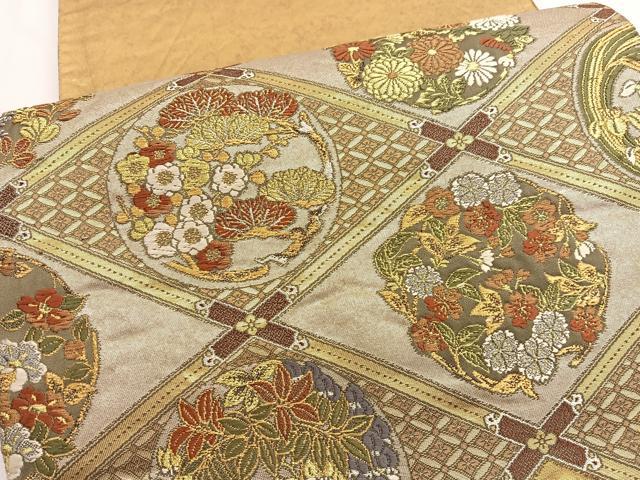 平和屋着物▼六通柄袋帯 唐織 渡来宝飾 格天井花の丸蒔絵 金銀糸 正絹 逸品 BAAW4382hv