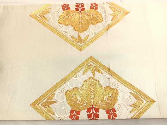 平和屋着物▼太鼓柄袋帯 総刺繍 駒刺繍 菱天井飛鳥花文 金糸 引箔 正絹 逸品 BAAW4398hv