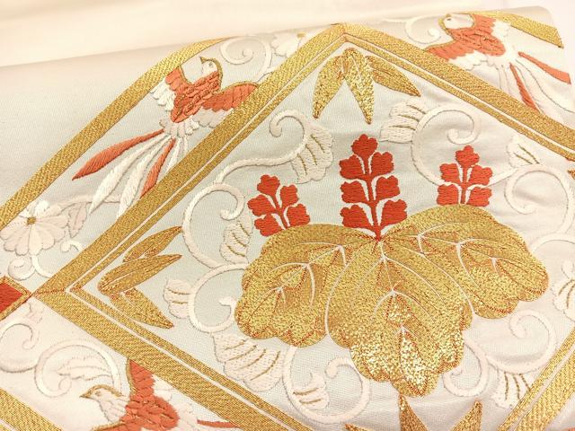 平和屋着物▼太鼓柄袋帯 総刺繍 駒刺繍 菱天井飛鳥花文 金糸 引箔 正絹 逸品 BAAW4398hv
