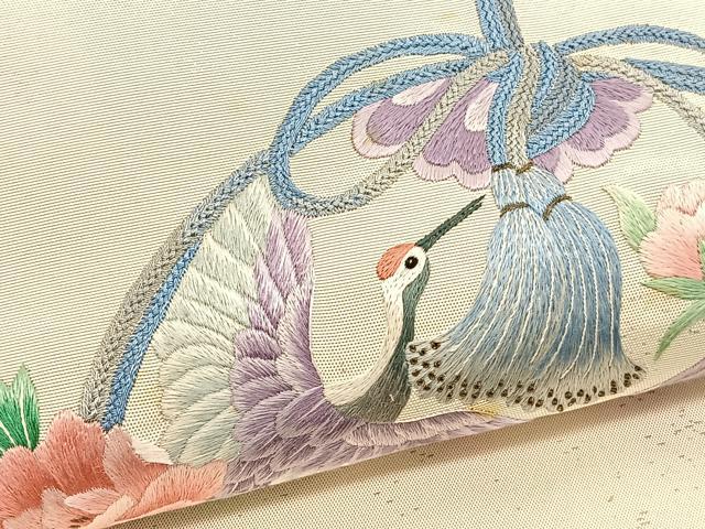 平和屋着物▼中国三大刺繍 相良刺繍 総刺繍 太鼓柄袋帯 飛鶴花文 銀糸 引箔 正絹 逸品 BAAW4386hv