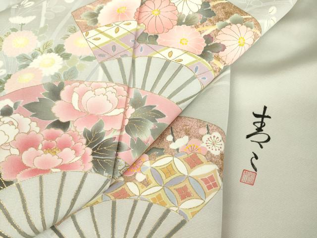 平和屋着物●京友禅の第一人者 松井青々 訪問着 扇面花文 金彩 正絹 逸品 DABA4627az