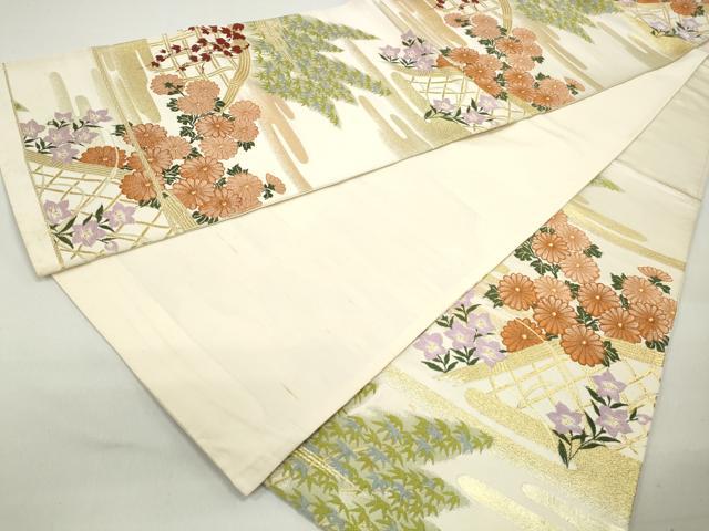 平和屋着物◎六通柄袋帯 エ霞花文 金糸 正絹 逸品 DABC0569qa