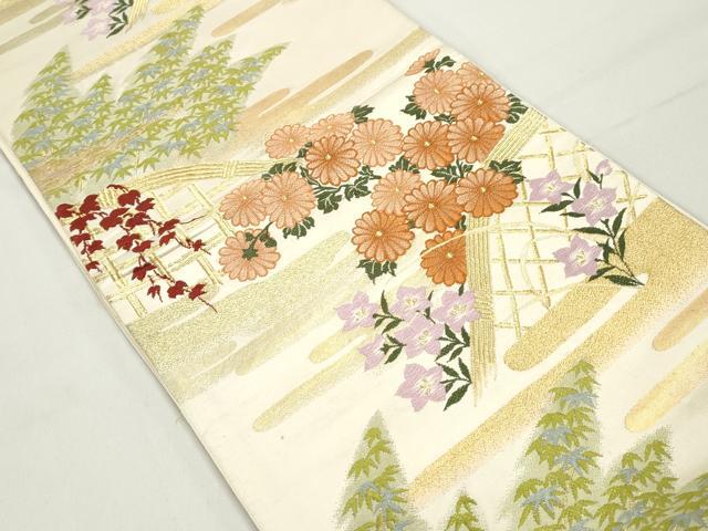 平和屋着物◎六通柄袋帯 エ霞花文 金糸 正絹 逸品 DABC0569qa