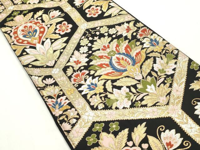 平和屋着物◎六通柄袋帯 亀甲更紗花文 黒地 金糸 正絹 逸品 DABC0568qa