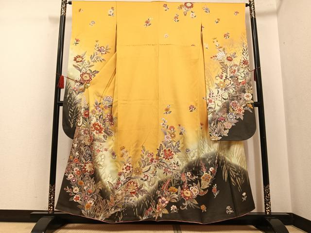 平和屋着物●豪華振袖 駒刺繍 更紗草花文 暈し染め 金彩 正絹 逸品 AABF6101ph
