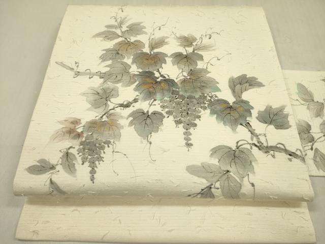平和屋着物●内山晴祥 手描き 九寸名古屋帯 髭紬 葡萄蔦の葉文 金彩 正絹 逸品 DABB7574op
