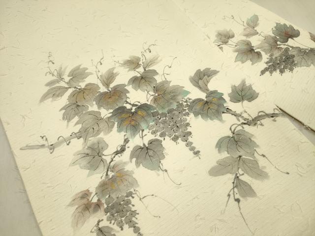 平和屋着物●内山晴祥 手描き 九寸名古屋帯 髭紬 葡萄蔦の葉文 金彩 正絹 逸品 DABB7574op