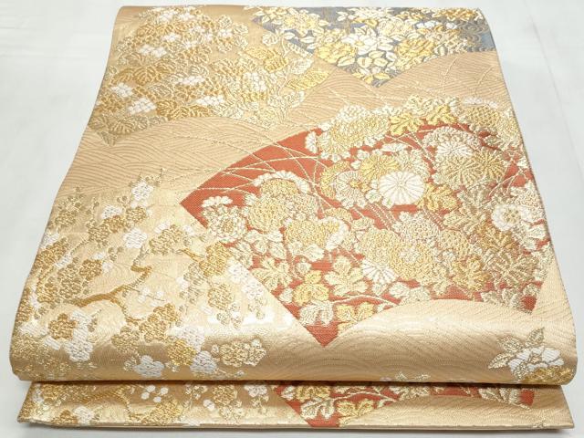平和屋着物◎六通柄袋帯 立波地紙草花文 金糸 正絹 逸品 CABC8835fb