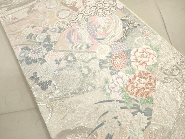 平和屋着物◎六通柄袋帯 唐織 扇面花鳥文 九百錦プラチナ箔 正絹 逸品 DABB8254xg