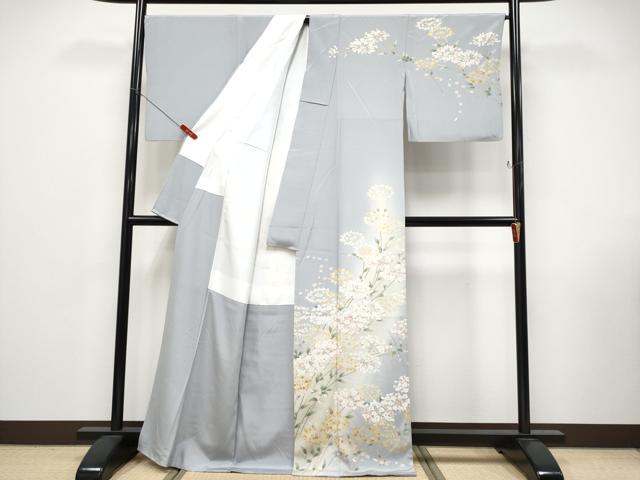 平和屋本店●極上 高級染元 粋峰 林芳夫 京加賀友禅 訪問着 枝花文 暈し染め 藤鼠色地 逸品 CYAA5084s6
