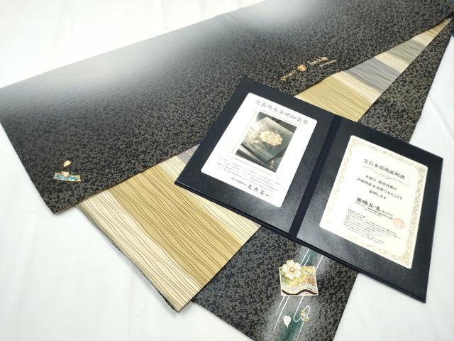 平和屋着物●純金螺鈿本真珠 光粋憲一 両面 太鼓柄袋帯 真珠ものがたり 金通し地 健勝苑扱 宝石本真珠証明書付 逸品 未使用 CABD0402hy