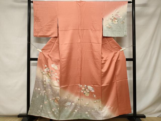 平和屋着物■訪問着 駒刺繍 地紙花籠文 暈し染め 金彩 正絹 逸品 CABC0474ev