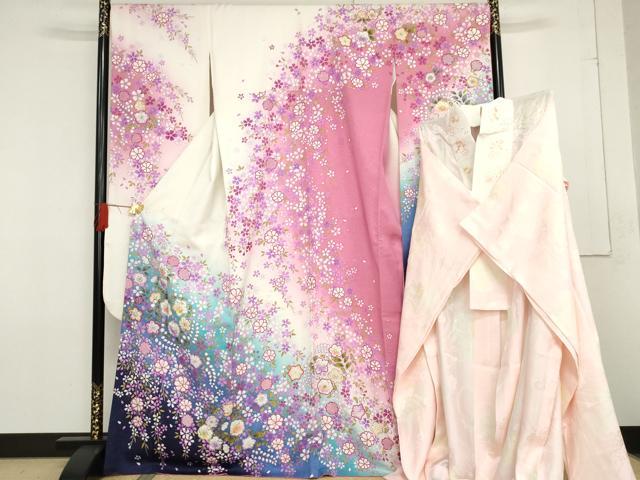 平和屋着物●豪華振袖・長襦袢(無双仕立て)セット 辻が花 草花文 暈し染め 金彩 銀通し地 半衿刺繍 正絹 逸品 AABF6634cs