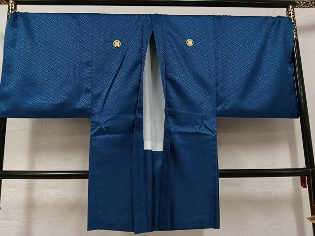 平和屋着物●男性 色紋付 羽織・行灯袴・ワンタッチ角帯セット 花菱地紋 藍色 正絹 逸品 AABF8770ph