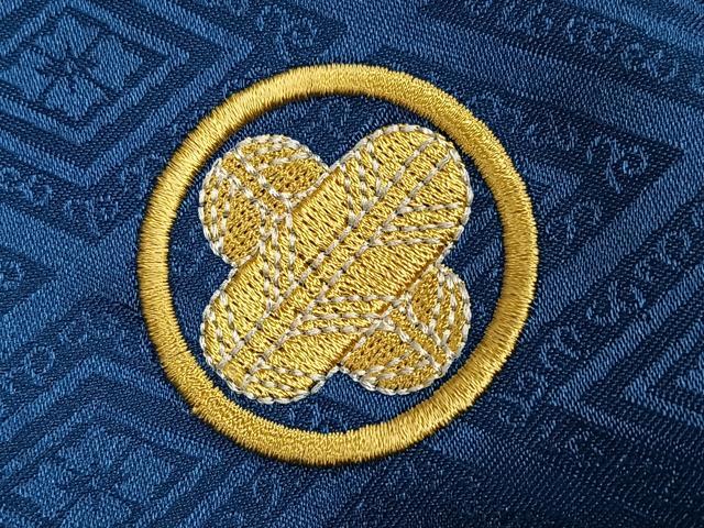 平和屋着物●男性 色紋付 羽織・行灯袴・ワンタッチ角帯セット 花菱地紋 藍色 正絹 逸品 AABF8770ph